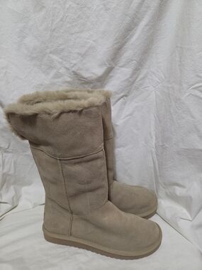 Koolaburra Tall Suede Shearling-Lined Boots in Taupe